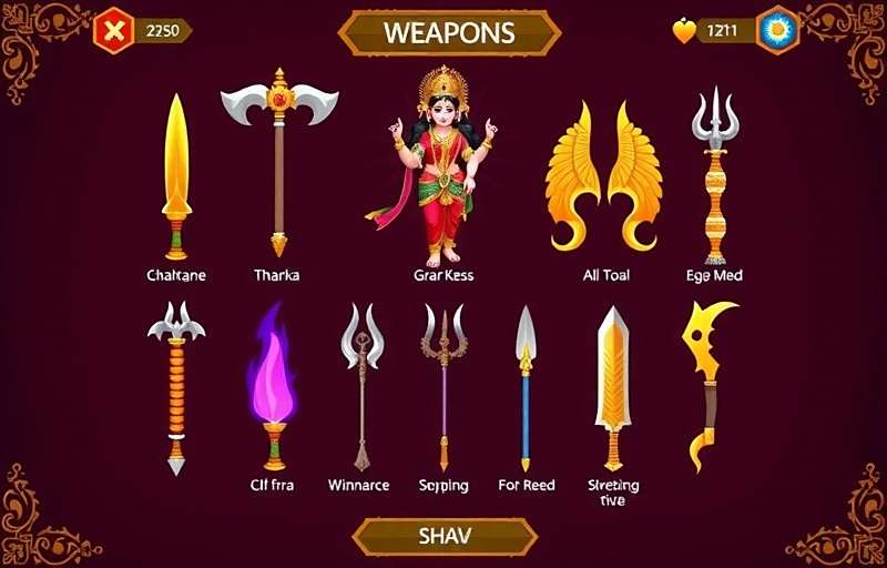 Weapon Selection in Devi Durga Mahishasuramardini Weapon selection interface in Devi Durga Mahishasuramardini showing all ten divine weapons